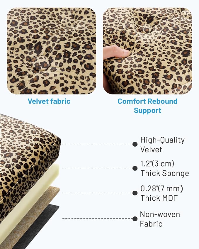 Bsketa Storage Ottoman Foot Rest Stool, Small Velvet Storage Ottomans Bench, Folding Footstool with Side Pockets, Foot Rest Under Desk for Living Room Bedroom, 17x13x13 in, Leopard Print 2 Pack