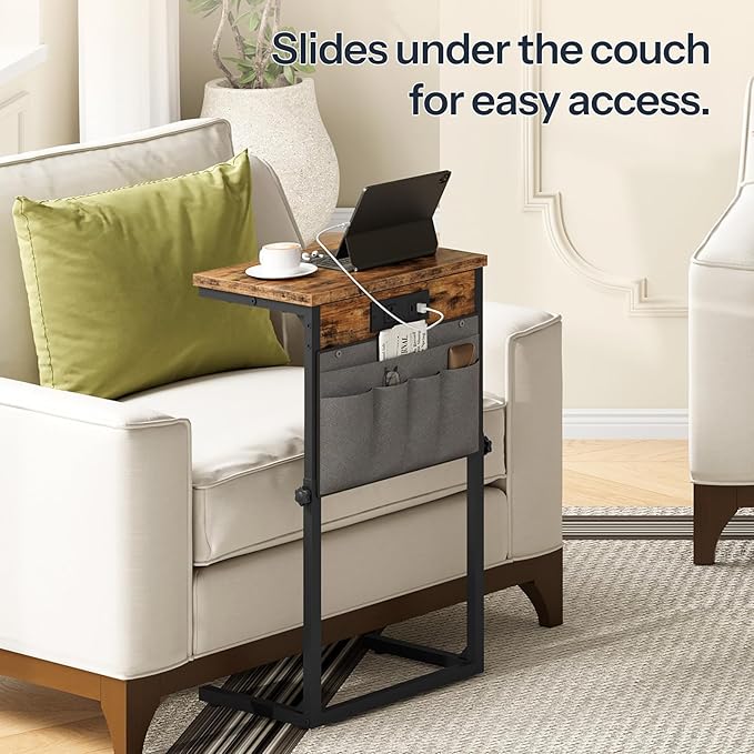 HOOBRO C Shaped End Tables with Charging Station, Set of 2, 30” Adjustable Height Sofa Side Tables, Slide Under Couch Tables for Sofa Arm Tray, for Living Room, Bedroom, Rustic Brown BF77USFP201