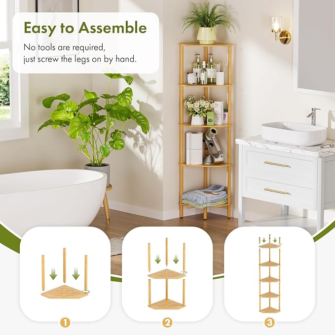 Corner Shelf, 5 Tier Bamboo Corner Bookshelf, 54" Tall Narrow Bookcase, Plant Stand, Corner Display Rack, Shower Caddy, Display Standing Shelf Organizer for Bedroom, Living Room, Kitchen, Home Office