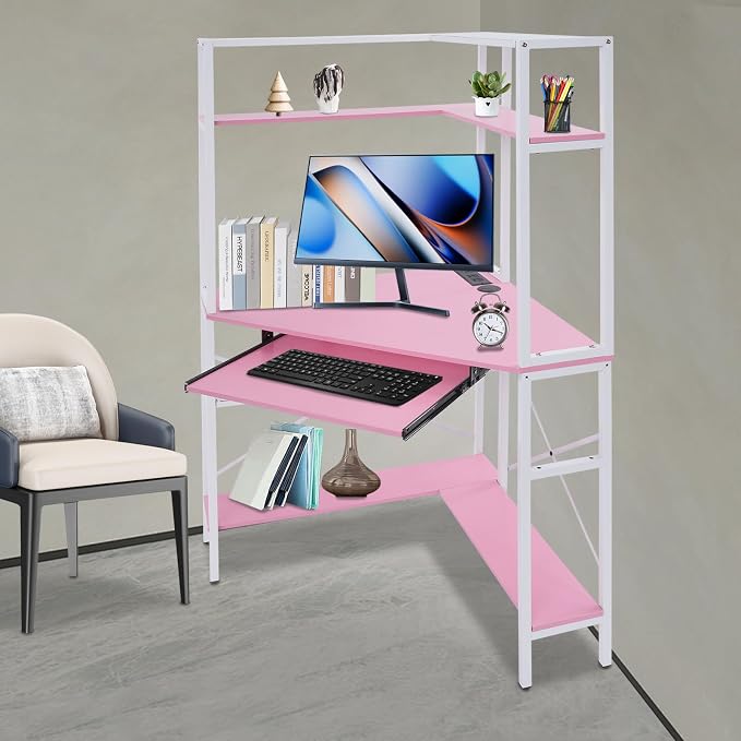 Corner Desk, Triangle Corner Computer Desk with 2 USB Ports and 2 AC sockets, Small Computer Desk with Hutch and LED Lights ComputerDesk for Small Space, Home Office Desk, Pink