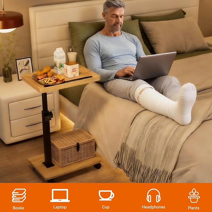 IBUYKE C Shaped Side Table Height Adjustable, 360° Swivel TV Tray Table with Wheels, End Table for Small Spaces,Living Room,Small Bedside Table for Eating, Dinner or Laptop,Natural UTVT007R