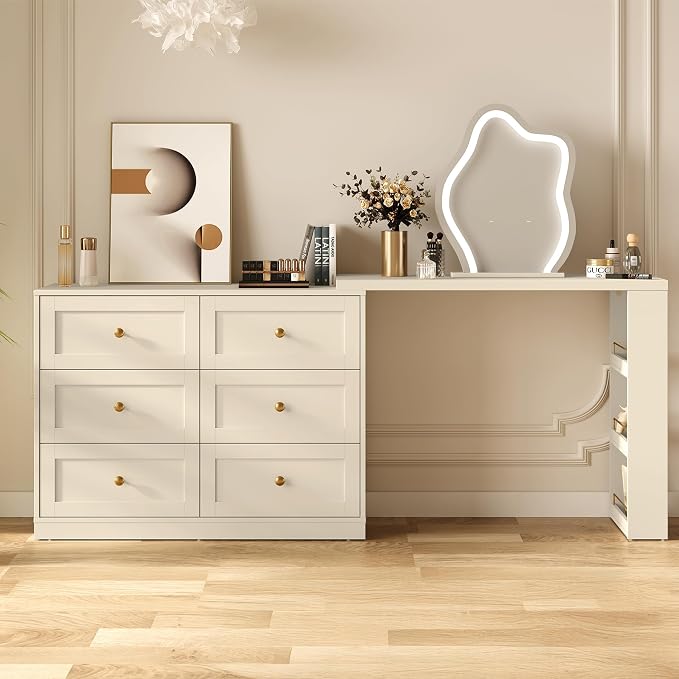FansaFurn 67" Extendable Makeup Vanity Desk with 3 Side Shelves, L-Shaped Vanity Table and Dresser Combo with 6 Drawers, Modern Dressing Table for Bedroom, Dressing Room, Beige
