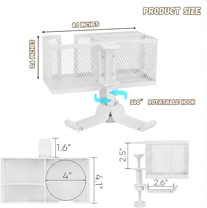 Multi-Function Desk Cup Holder with Headphone Hanger, 3 in 1 Caddy Organizer for Salon Chair, Bedside, Desk or Table - Sturdy Anti-Spill Drink Holder for Water Bottles, Coffee, Bag (White)