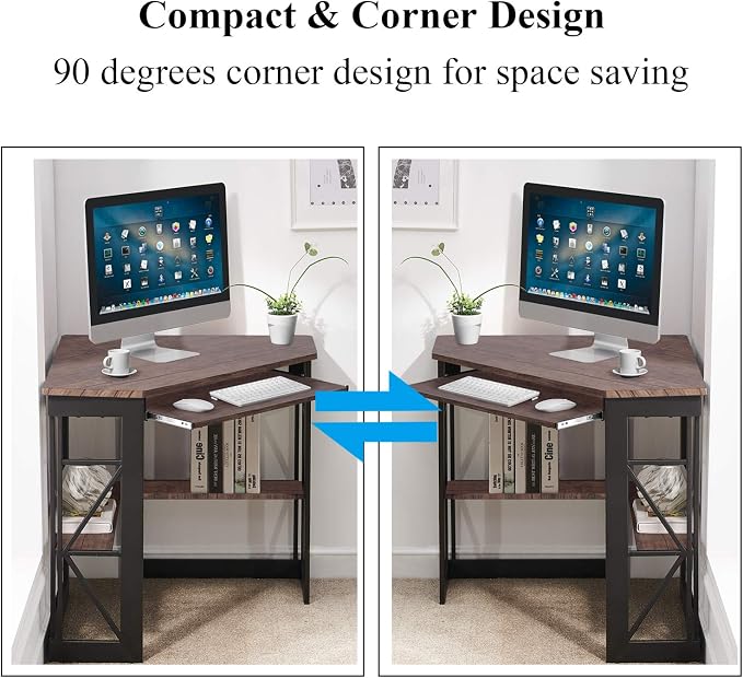 VECELO Corner Computer Desk 41 x 30 inches with Smooth Keyboard & Storage Shelves for Home Office Workstation,Rustic Brown