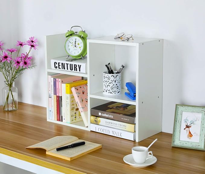PAG Desktop Shelf Freestanding Wooden Small Bookshelf Desk Supplies Organizers and Accessories Storage Display Rack Office Dorm Decor for Women, White