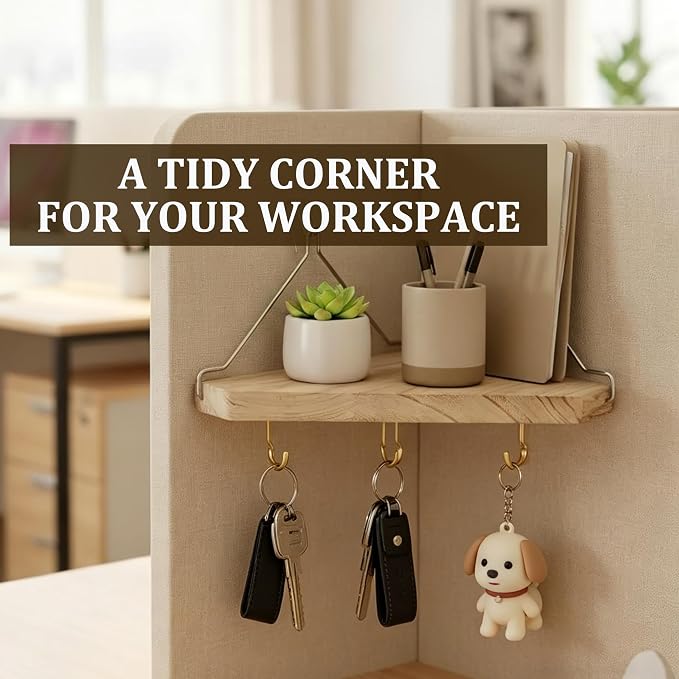 Fabric Wall Cubicle Corner Shelf with Hooks – 3 Pack Wooden Organizer Storage Shelf with Hangers Cubicle Accessories for Work Decor Ideal for Desk, Office Shelves for Women Men