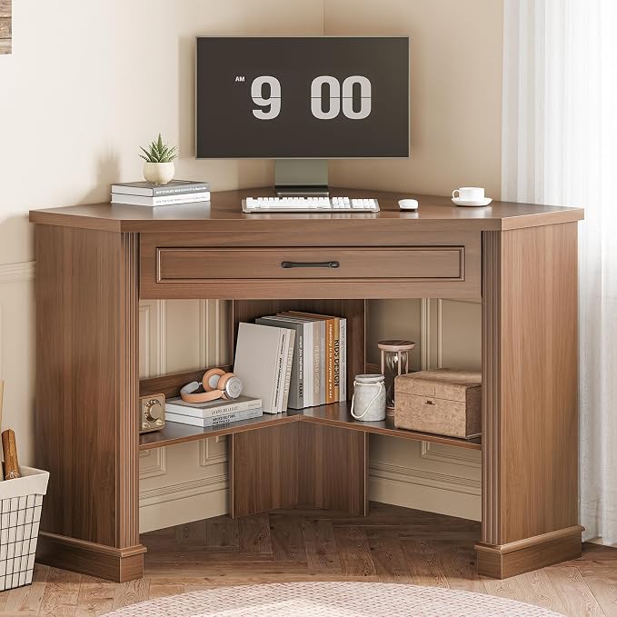 SEDETA Corner Desk for Small Space, Corner Computer Desk, Small Computer Desk with Drawers and Storage Shelves for Home Office, Living Room, Bedroom, Brown