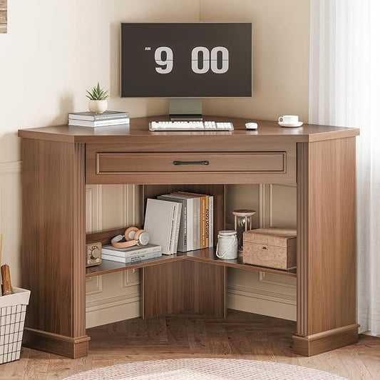 SEDETA Corner Desk for Small Space, Corner Computer Desk, Small Computer Desk with Drawers and Storage Shelves for Home Office, Living Room, Bedroom, Brown