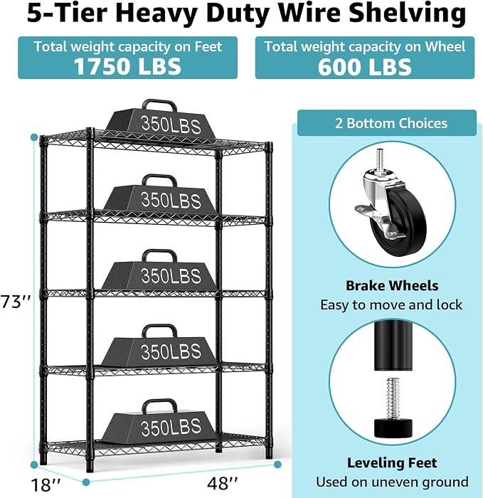 M MZG 5-Shelf Storage Shelves,Wire Shelving Heavy Duty Metal Storage Shelving Unit Adjustable Garage Shelving Rack Pantry Kitchen (Black, 5 Tier,17.7" D x 47.2" W x 76.7" H)