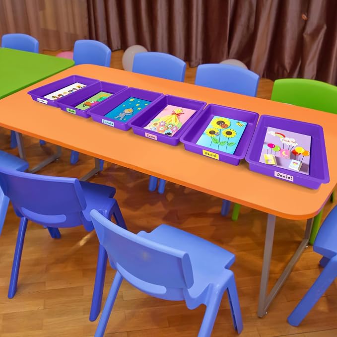 ShineMe 6 Pack Paper Trays for Classroom, Purple Plastic Book Bins with Colorful Labels, Stackable Letter Size Storage Tray, Desk Organizer Tray for Home, School and Office