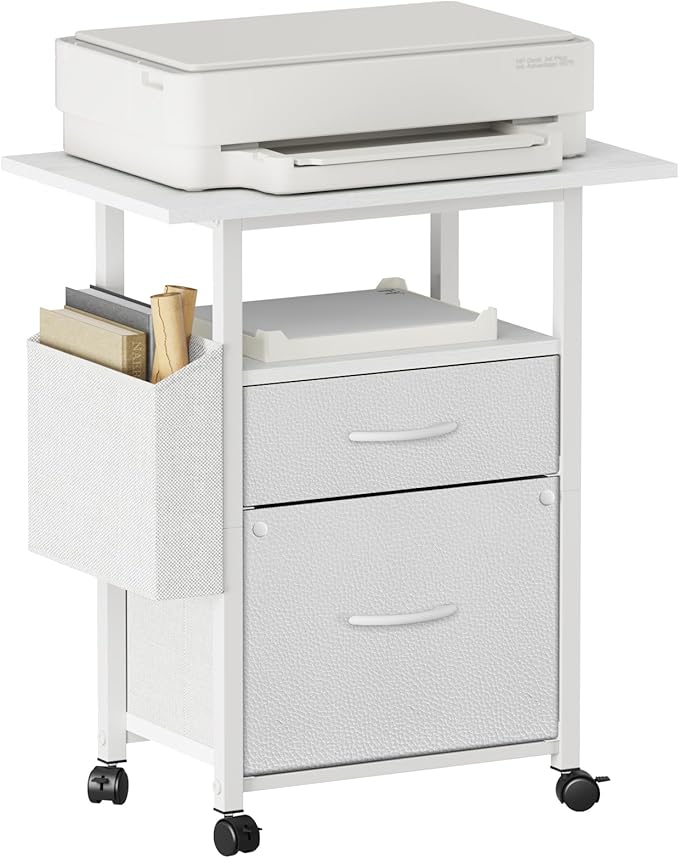 GYIIYUO 2 Drawer File Cabinet with 24'' Extended Desktop, Mobile Filing Cabinet, Rolling File Cabinet with Side Bag, Fabric Drawer, Fits A4/Letter Size, Printer Stand Home Office, White