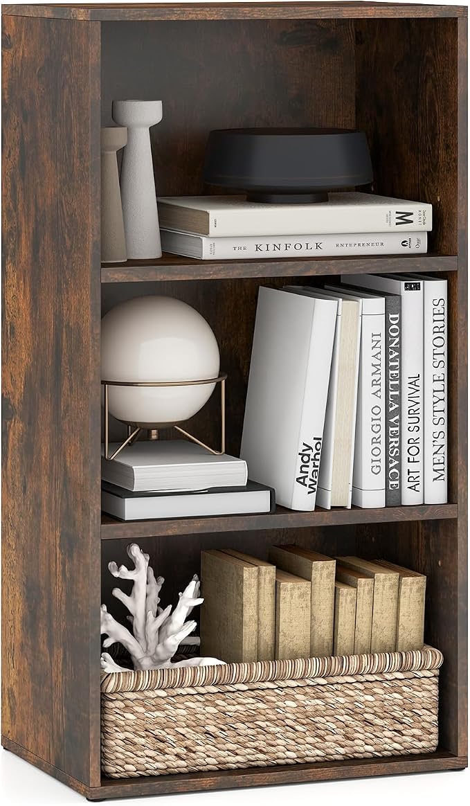 3 Shelf Bookshelf, 31.5” Small Bookcase with 2 Adjustable Shelves, Wooden Bookshelves and Bookcases, Modern Display Shelf, 3 Cube Storage Organizer for Home Office Bedroom (Brown)