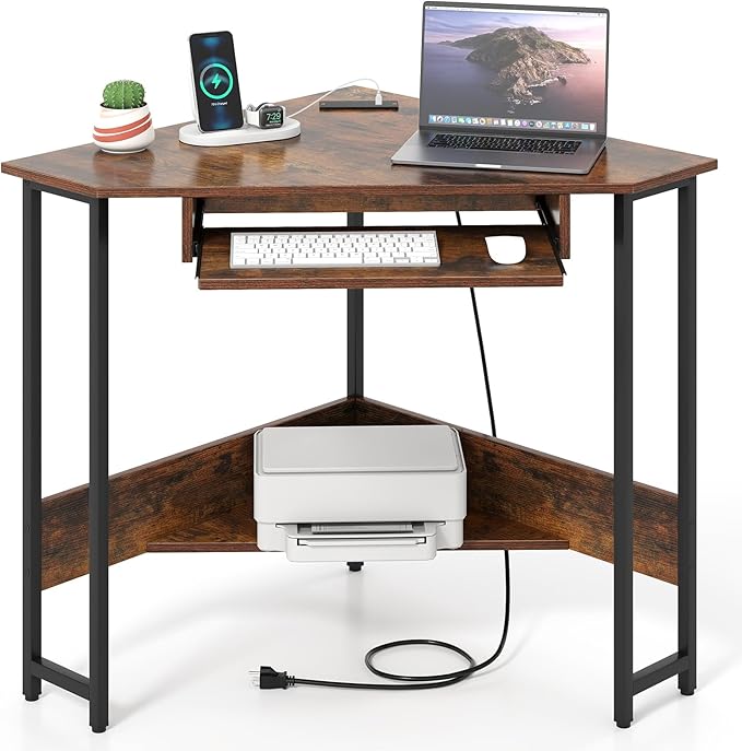 GOFLAME Corner Desk, Triangle Computer Desk with Keyboard Tray & Storage Shelf, Home Office Desk with Built-in Power Outlet, Industrial Writing Desk, Heavy-duty Space-saving PC Laptop Desk Workstation