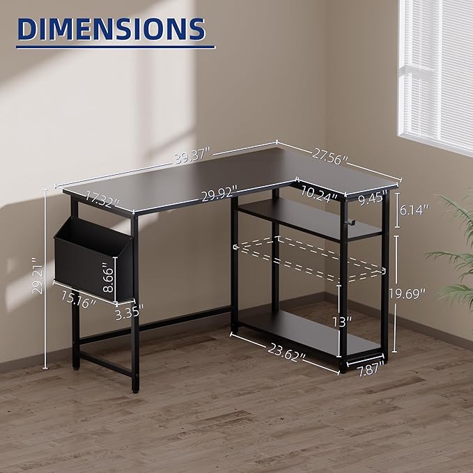 Pamray 40 Inch L Shaped Computer Desk with Reversible Side Storage Shelves, Small Corner Desk for Small Space Home Office, Writing Study Table PC Desk for Bedroom, Black