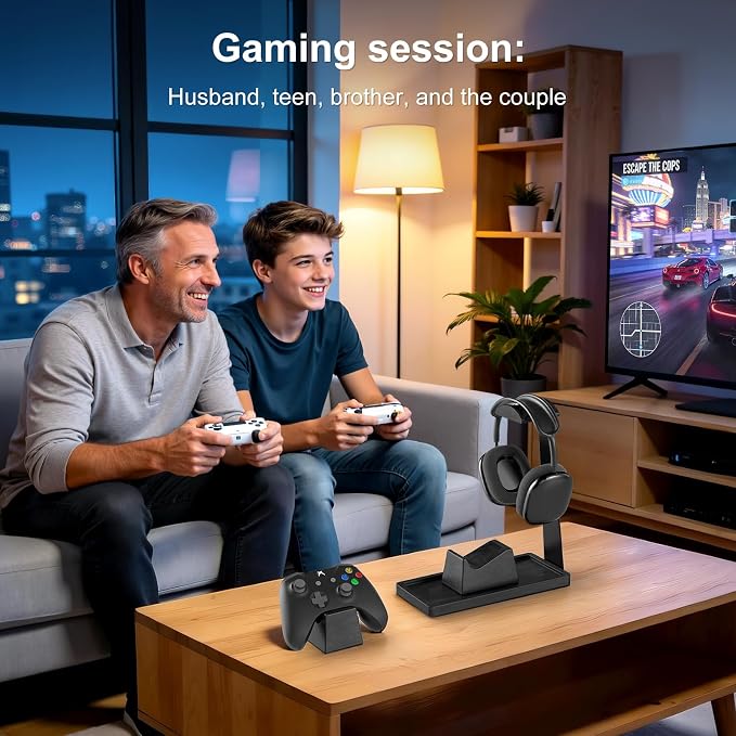 UPERGO Headset Stand with 2 Controller Holders - Solid Wood & Metal Gaming Headphone Holder for Switch, Controllers, and Desk Accessories (Black)