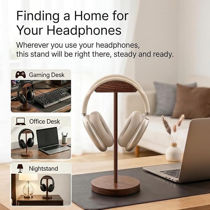 Headphone Stand Nature Wood Headset Hanger Mount Hook Gaming Holder Desktop Earphone Artful Functional Stand for All Headsets with Solid Wooden Base