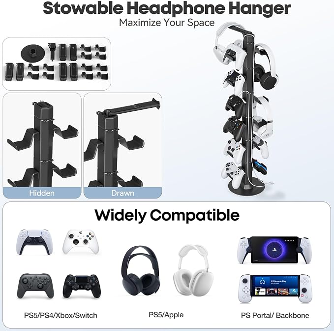 Gaming Controller & Headset Holder Stand for Desk, with Charger Cable Organizer Headphone Stand for PS5/ Xbox/ PS4/ Switch, Metal Base Controller Hook for Storage with 360° Rotatable Hanger- 6 Tiers