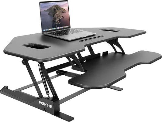 Mount-It! Corner Standing Desk Converter | Height Adjustable 43” Wide Desktop | Corner Stand Up Desk with Gas Spring Handle | Stand Up Computer Workstation with Ergonomic Keyboard Tray | Black