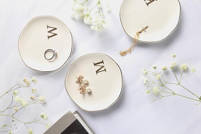 Ceramic Jewelry Tray Ring Dish Personalized Q-Monogrammed Engagement Wedding Gifts, for Birthday Mother's Day for Women, Ceramic White 4.75" (Q)