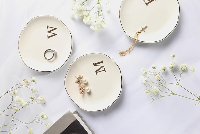 Ceramic Jewelry Tray Ring Dish Personalized H-Monogrammed Engagement Wedding Gifts, for Birthday Mother's Day for Women, Ceramic White 4.75" (H)