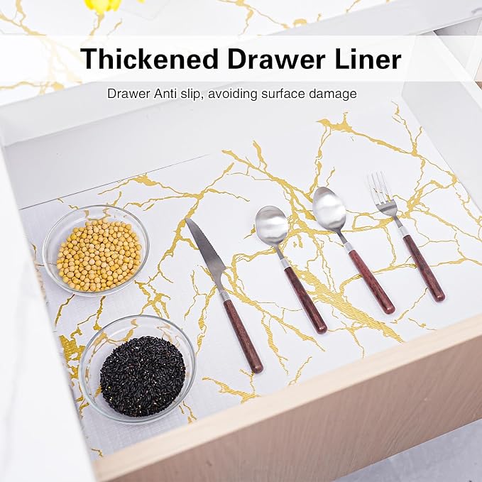 Drawer and Shelf Liner for Kitchen Cabinet,Non-Adhesive Cabinet Liner 24in x 30FT,Waterproof Shelf Paper Non-Slip Mats Cupboard Liners Contact Protect Dresser/Shelves/Table-Gold Marble