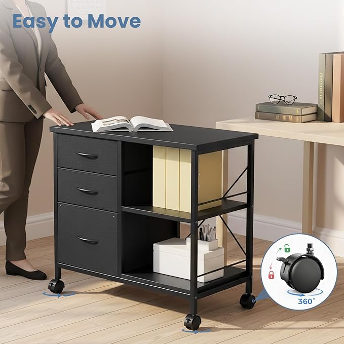 OLIXIS 3-Tier Printer Stand with Fabric Storage Drawer, Rolling Printer Cart with Lockable Wheels and Metal Frame, Under Desk Table with Open Storage Shelf for Small Spaces, Home, Office, Black