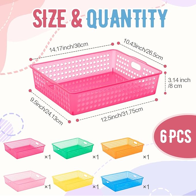 Geetery 6 Pack Classroom Storage Baskets with Handle 14''x10'' Paper Tray Holds A4 Turn in Trays Plastic Paper Baskets Desk Organizer Bin for Classroom, Library, Office, Home (Translucent Colors)