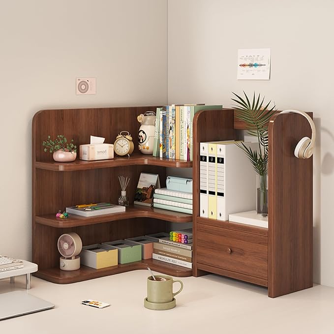 Corner Desk Organizer - Multi-Tier Bookshelf with Doors, Student/Office Desktop Storage Shelf, Home Bookcase & Clutter Solution (Walnut)