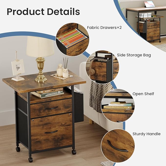 DUMOS 2 Drawer Mobile File Cabinet, Rolling Printer Stand with 24'' Wide Desktop, Fabric Drawer Cabinet Under Desk Fits A4/Letter Size, Printer Cart with Storage Side Bag for Home Office, Rustic Brown