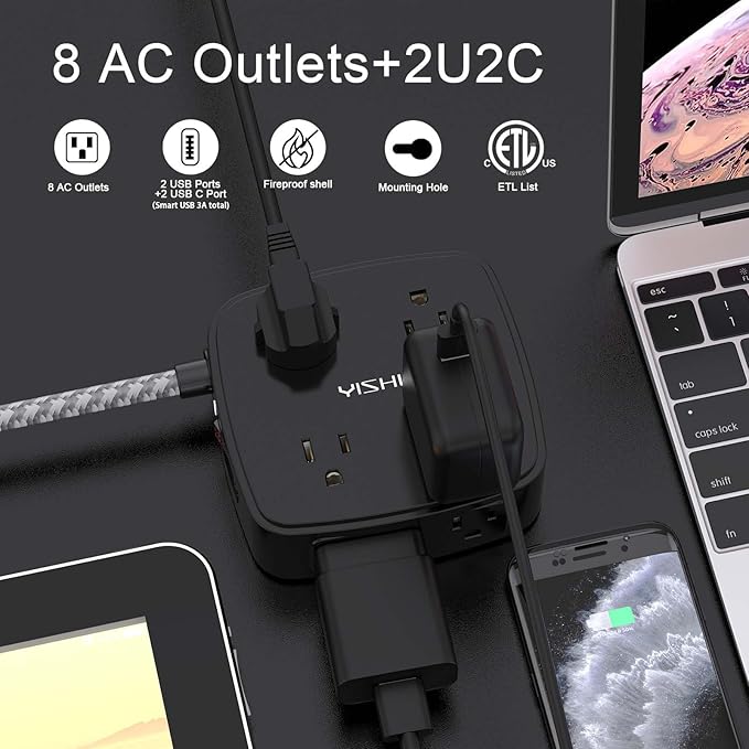 Surge Protector Power Strip - YISHU 8 Outlets with 4 USB (2 USB C) Charging Ports, 5Ft Braided Extension Cord, Flat Plug Multi Plug Outlet Extender Charging Station for Home Office, ETL, Black