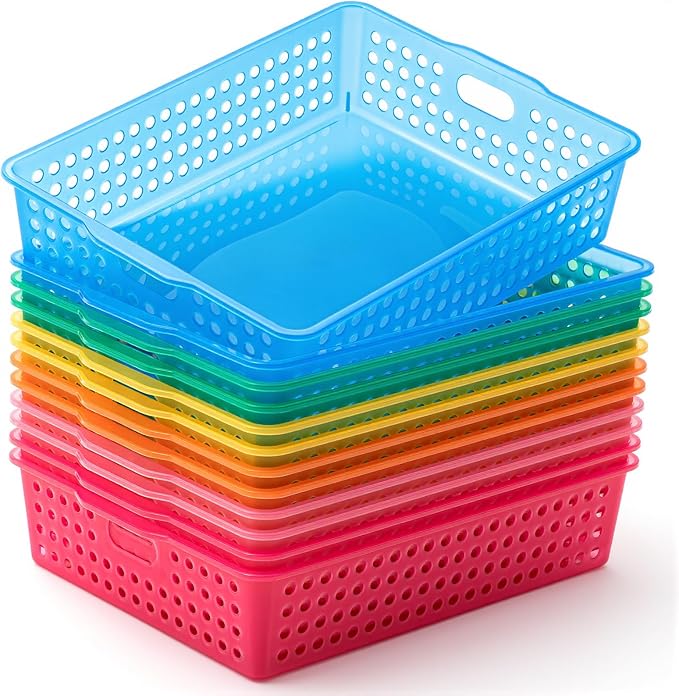 Geetery 12 Pack Classroom Storage Baskets with Handle 14''x10'' Paper Tray Holds A4 Turn in Trays Plastic Paper Baskets Desk Organizer Bin for Classroom, Library, Office, Home (Translucent Colors)