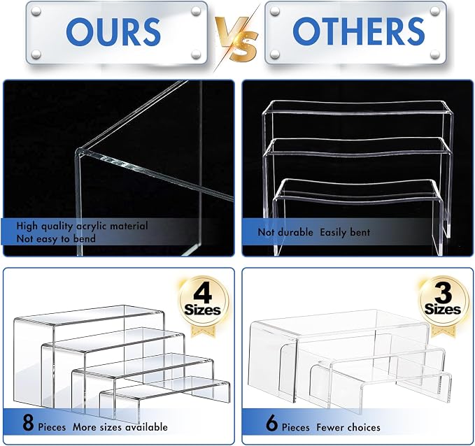Aheroi Large Acrylic Risers, 8 Pcs 2 Set(7”L~8”L~9”L) Acrylic Display Set Rectangular Stands Shelf Clear Display Risers for Decor, Cake Shelves Retail Shoe Showcase