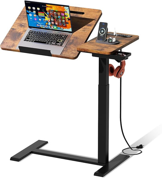 Standing Desk, Medical Overbed Table with Rolling Tray and Power Outlet, Dual Pneumatic Angel and Height Adjustable Desk, Portable Side Table with Drawer, for Home & Hospital, Rustic Brown