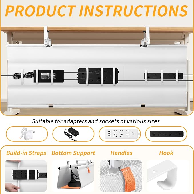 48" Under Desk Cable Management Tray, No Drill Desk Cable Management Wire Standing Desk Cord Organizer Clamp/Screw Mount, Cord Management Tray Fabric Desk Organizer for Home Office-White
