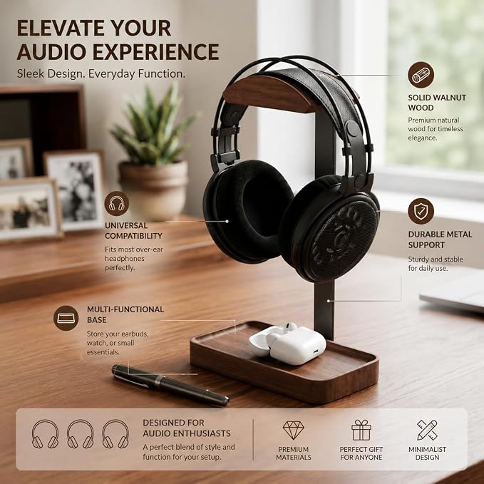 Walnut Headphone Stand - Solid Wood Universal Headset Holder, Premium Desktop Accessory for Gaming, Office & Streaming (Walnut Rectangular Base)