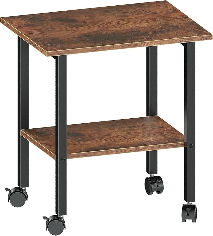 2 Tier Printer Stand with Storage, Under Desk Printer Table, Space-Saving Printer Table with Locking Wheels, Rolling Printer Cart for Home Office, Rustic Brown