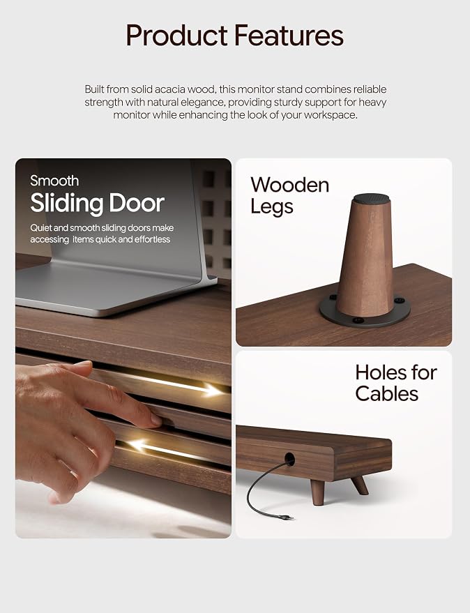 Tinamo 24" Wooden Monitor Stand Riser with Storage Organizer, Walnut Color | Acacia Wood, Sliding Door, Cable Management, Fits up to 32" Monitors, Multi-purpose Storage, Used for Computer, Laptop, TV