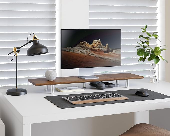 Fenge 39.4 Inch Dual Monitor Stand, Height Adjustable Monitor Riser Stand for Desk, Wooden & Steel Monitor Shelf for 2 Computers up to 99lbs, Stable Desk Organizer for PC Laptop TV, Brown