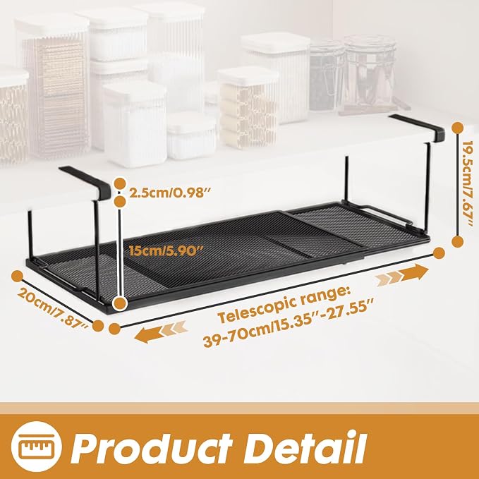 PowerKing Expandable Under Cabinet Shelf, Adjustable Length Under Shelf Storage with Thick Clips 10lbs Capacity for Kitchen, Laundry, Shoe, Under Office Desk & Wardrobe Partition (Black, 7.67'' H)