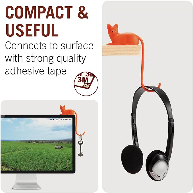 Monkey Business Ginger The Cat Tail Hook for Computer Screen, Desk Headphone Hanger Organizer Decorative Hooks, Adhesive Hook for Hanging Keys Cables Hats and Computer Accessories