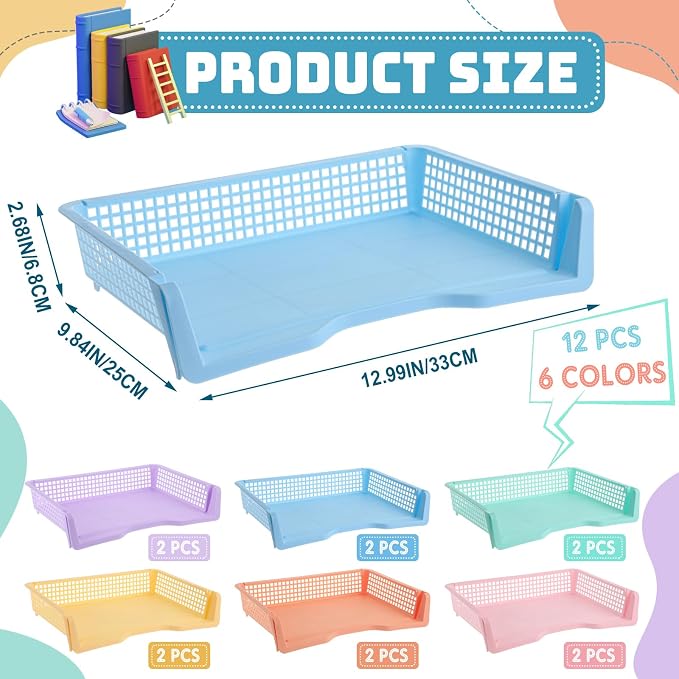 Teenyyou Set of 12 Colorful Turn in Trays Classroom Plastic Stackable Paper Tray Classroom Teachers Desk Organizer Bin for Office Home Teachers Organization and Storage,9 x 13 x 3 Inches(Morandi)