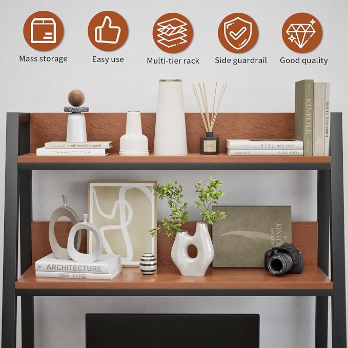 AQQHSAIN Desktop Hutch Shelf 2-Tier Ladder Bookshelf Computer Bookcase Wooden Desktop Display Rack Multipurpose Desk Hutch Top Only for Home Office Dorm Use (Brown, 55CM)