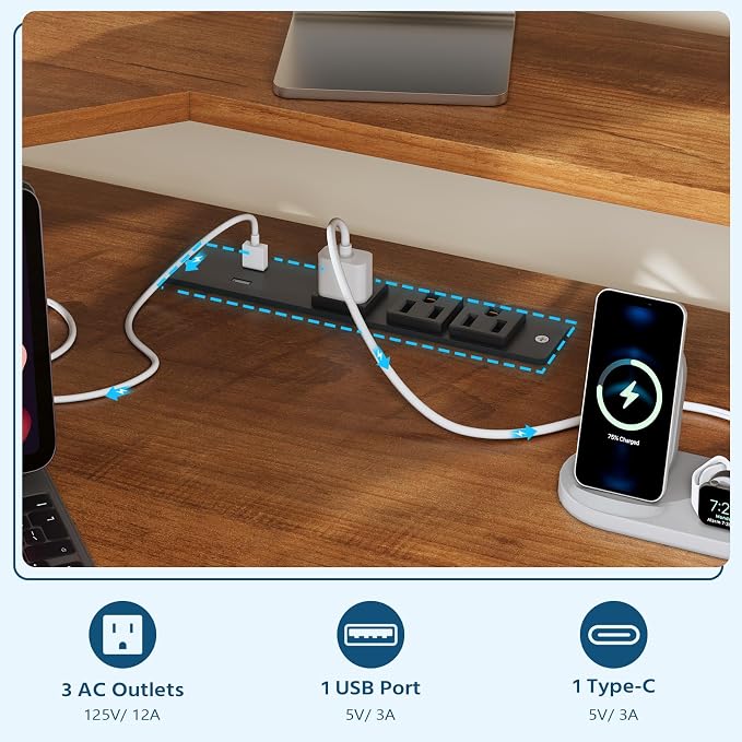 YOMILUVE Small Corner Desk with Drawers, Corner Gaming Desk with Power Outlets & Printer Shelf for Small Space, Triangle Computer Desk with LED Lights, Keyboard Tray and Monitor Stand, Brown and White