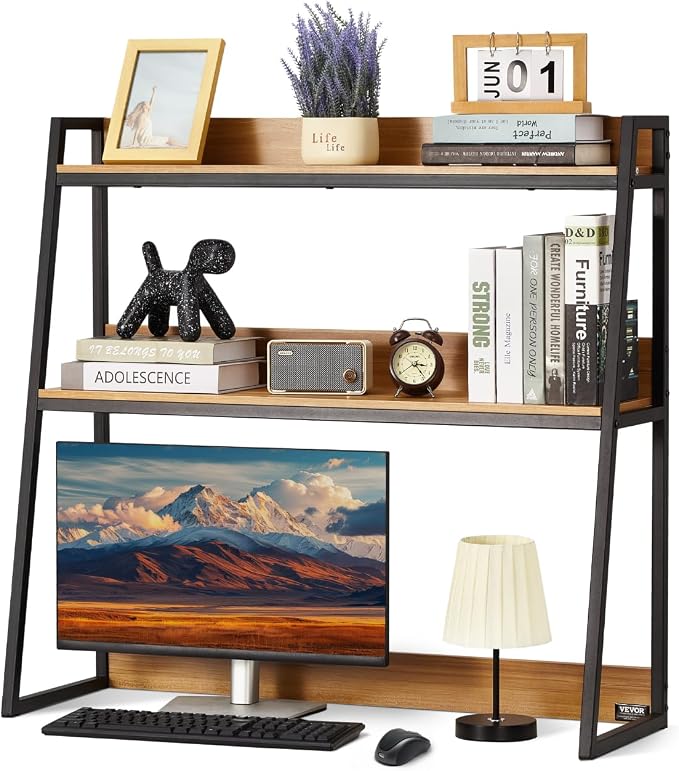 VEVOR 2-Tier Desktop Storage Organizer, 37.4" x 12.6" x 35.4" Office Storage Rack, Wood Color Display Shelf, Desktop Bookshelf Hutch with Anti-Slip Feet Pads, for Office, Home & Dorm