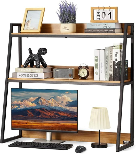VEVOR 2-Tier Desktop Storage Organizer, 37.4" x 12.6" x 35.4" Office Storage Rack, Wood Color Display Shelf, Desktop Bookshelf Hutch with Anti-Slip Feet Pads, for Office, Home & Dorm