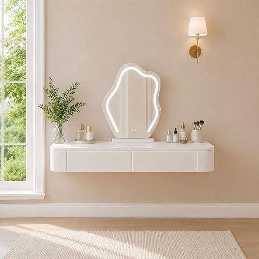 Floating Makeup Vanity Desk with Drawers Wall Mounted Makeup Table with Storage Fully Assembled Floating Vanity Desk Space Saving Modern Dressing Table for Bedroom Closet(White,39.3")