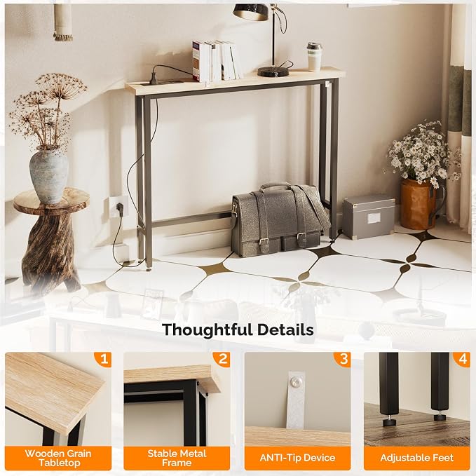 VINGLI 39" Console Table with Charging Station, 5.9" Narrow Sofa Table Behind Couch, Entryway Table with Power Outlet & 4.9 Ft Extension Cord & Adjustable Feet, for Living Room, Hallway, Oak