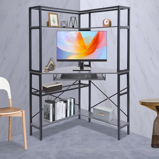 Corner Desk with Hutch, 90 Degrees Triangle Computer Desk w/Keyboard Tray & Bookshelves for Small Space Space Saving Writing Desk w/Storage Shelves for Bedroom Apartment (Gray)