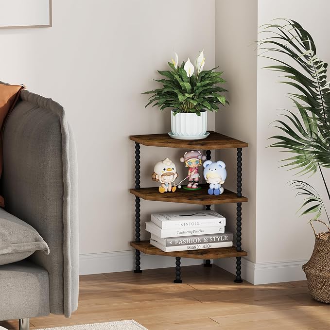 YINMIT Corner Shelf Stand, Standing Corner Display Shelf, Corner Organizer Shelf for Living Room, Bedroom, Bathroom, Kitchen, Small Spaces (Rustic Brown, 3 Tier)