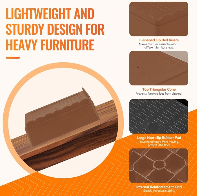 shouwuhho Furniture Risers, 4 Pack Bed Risers with Non-Slip Grip and Heavy Duty Support, 1 Inch 2 Inch 3 Inch 4 Inch Height Lift for Couch, Sofa, Table, Desk, Chair, Refrigerator - Brown, 1+1+1 Inch